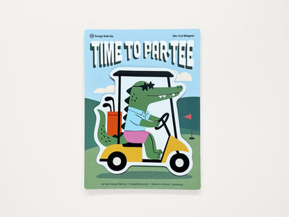 Funny alligator golf cart magnet with ‘Time to Partee’ text, quirky die-cut fridge magnet gift for golfers, golf lovers, and novelty kitchen decor.