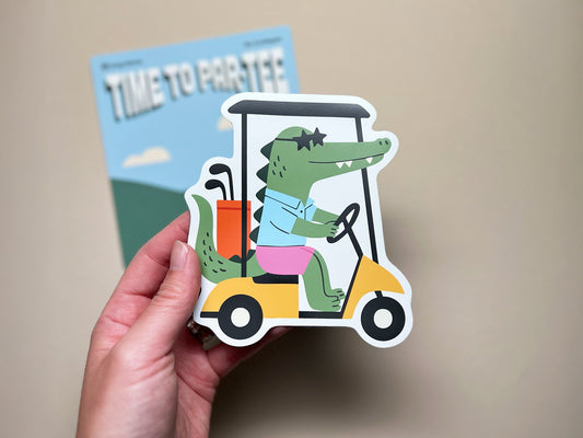 Funny alligator golf cart magnet with ‘Time to Partee’ text, quirky die-cut fridge magnet gift for golfers, golf lovers, and novelty kitchen decor.