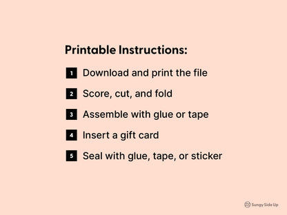 A printable instruction sheet displayed on a peach background shows a simple five-step guide for assembling DIY gift card holders. The steps include downloading the file, scoring and cutting along fold lines, assembling with glue or tape, inserting a gift card, and sealing the holder. This digital guide is designed to help crafters easily create their own printable animal-themed gift card envelopes for birthdays, holidays, or special occasions, using standard home printing supplies.