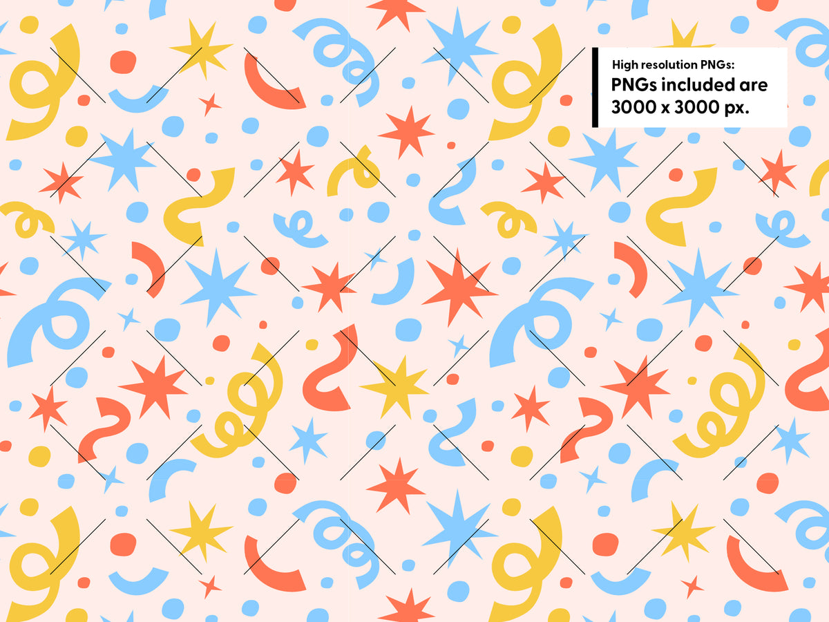 Seamless confetti pattern with sky blue, coral, and yellow starbursts, streamers, and dots on blush. Text notes included PNGs are 3000 × 3000 pixels.