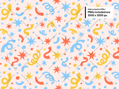 Seamless confetti pattern with sky blue, coral, and yellow starbursts, streamers, and dots on blush. Text notes included PNGs are 3000 × 3000 pixels.