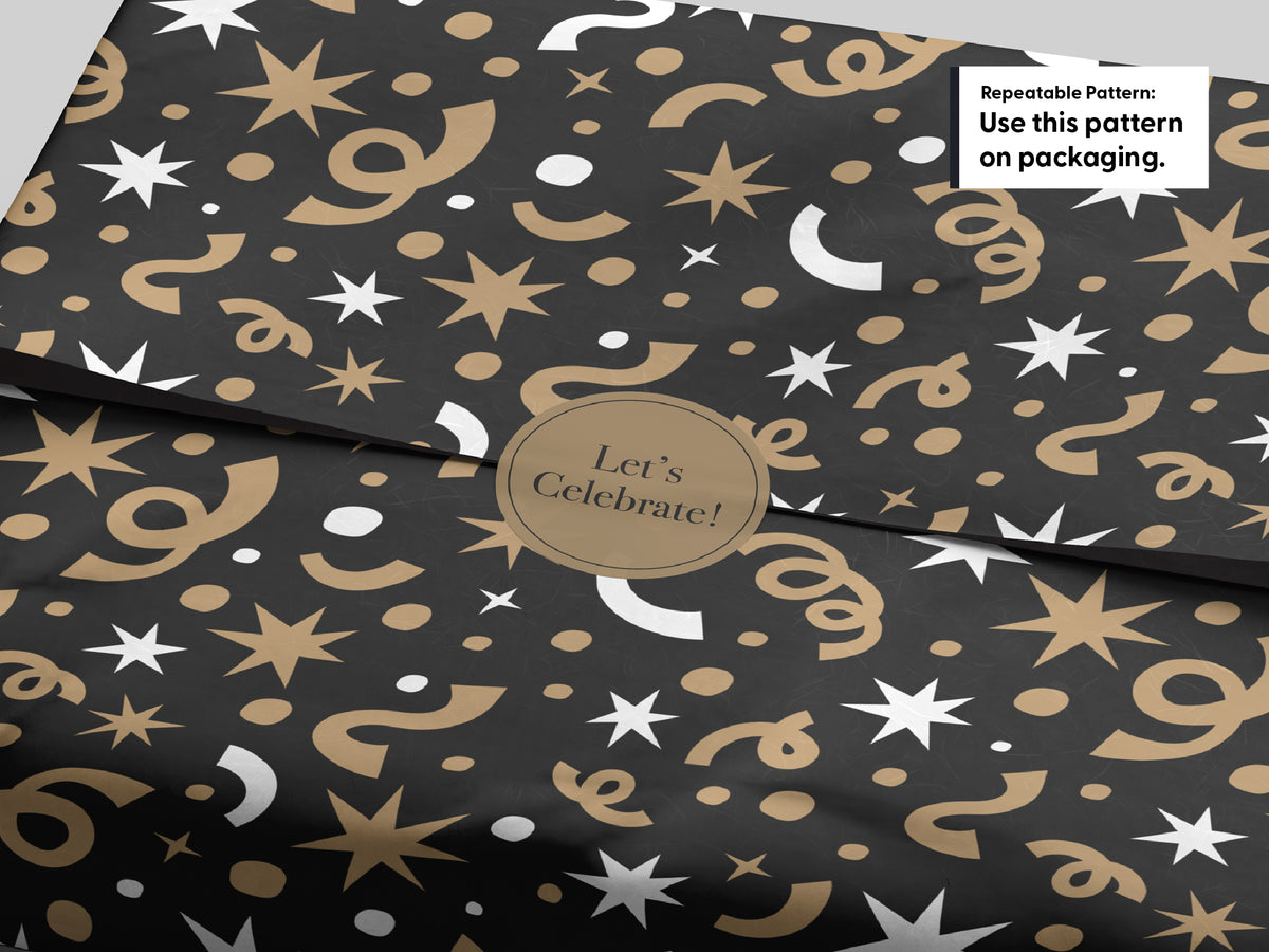 Packaging mockup featuring gold and white confetti, starbursts, and streamers on black, sealed with a gold “Let’s Celebrate!” sticker. Text reads “Repeatable Pattern: Use this pattern on packaging.”