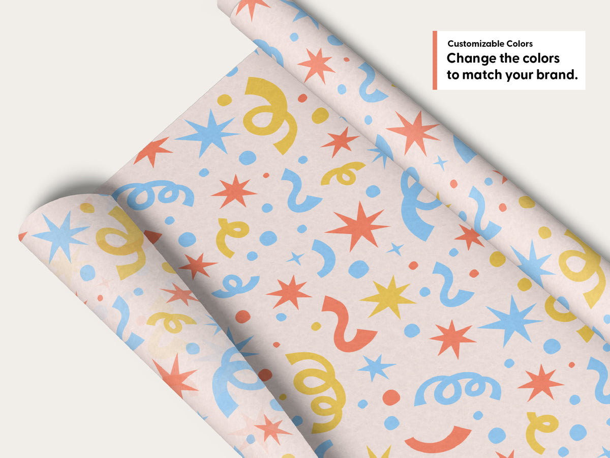 Wrapping paper mockup with blue, coral, and yellow confetti, starbursts, and streamers on blush. Text reads “Customizable Colors: Change the colors to match your brand.”