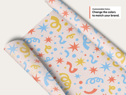 Wrapping paper mockup with blue, coral, and yellow confetti, starbursts, and streamers on blush. Text reads “Customizable Colors: Change the colors to match your brand.”