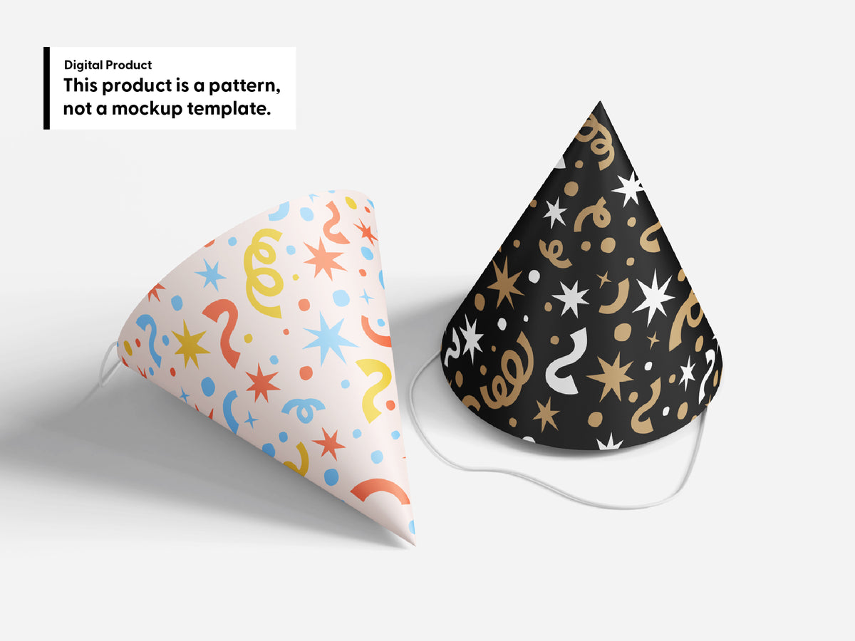 Two party hat mockups featuring confetti patterns in blue, coral, and yellow on blush, and gold and white on black. Text clarifies this digital product is a pattern, not a mockup template.