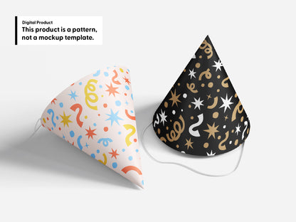 Two party hat mockups featuring confetti patterns in blue, coral, and yellow on blush, and gold and white on black. Text clarifies this digital product is a pattern, not a mockup template.