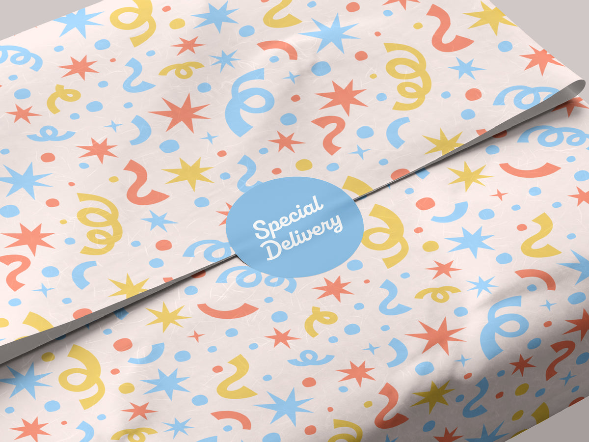 Packaging mockup with sky blue, coral, and yellow confetti, starbursts, and streamers on blush, sealed with a round blue “Special Delivery” sticker.