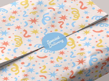 Packaging mockup with sky blue, coral, and yellow confetti, starbursts, and streamers on blush, sealed with a round blue “Special Delivery” sticker.
