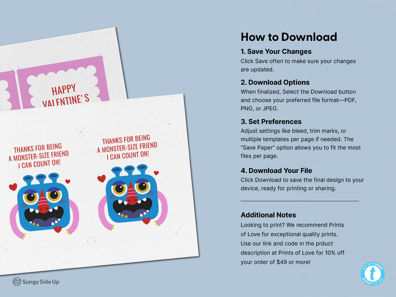 Preview of Build Your Own Monster Printable Card template displayed. The template features a blue cartoon monster with a red nose and pink arms. On the right side, there are instructions explaining steps to save, download, and print the file.