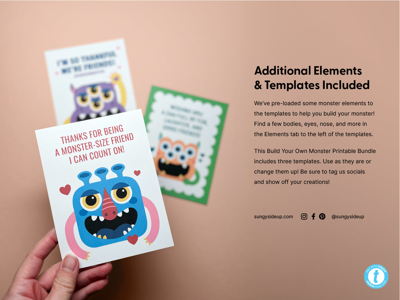 A colorful preview of Build Your Own Monster Printable card template bundle displayed. Text detailing that the printable bundle includes three customizable templates and additional monster elements to build your own design.