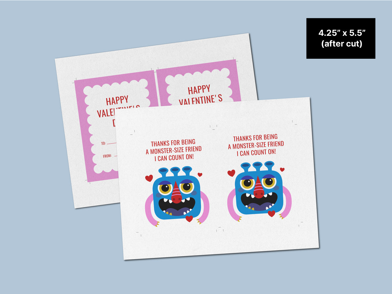 A preview of a printable Build Your Own Monster Printable Card template. The template features a card with a blue monster illustration, red nose, and pink arms. A black label in the top right corner states the size as 4.25 x 5.5 inches (after cut).