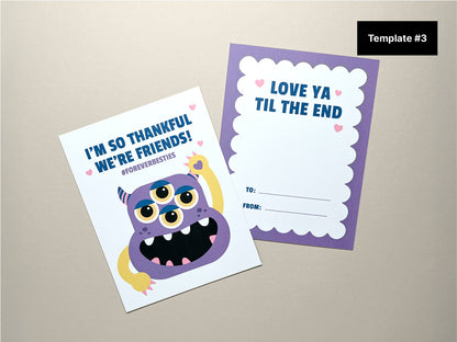 A printable card template featuring a purple monster illustration with four eyes, yellow arms, and a big smile. Next to it shows the back of the card with a scalloped border that reads, Love Ya Til the End with pink hearts, and To and From fields.