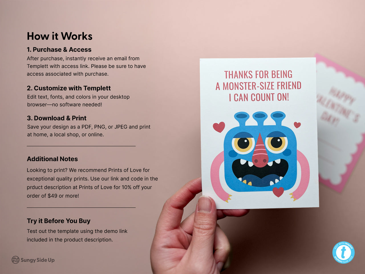 Hand holding a card with a blue monster illustration with text that provides instructions for purchasing to the right. Instructions include how to customize and download the template with Templett. Additional notes for printing and demo links.