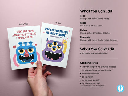 Two customizable cards displayed side by side for comparison. The left card features a blue cartoon monster and red text. The right card features a purple monster with the bold text. Text included to explain editing details and include a demo link.