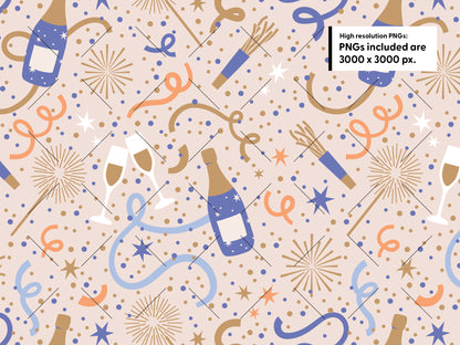 Champagne and confetti seamless pattern in purple, orange, blue, and gold on a blush background. Text notes PNGs are 3000 × 3000 pixels.