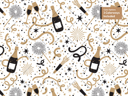 Black and gold seamless pattern with champagne bottles, clinking glasses, sparklers, stars, and confetti on white. Text notes three colorways included.