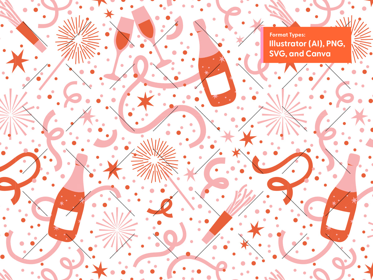 Pink and coral champagne and confetti seamless pattern on white, with bottles, glasses, sparklers, and streamers. Available in AI, PNG, SVG, and Canva formats.