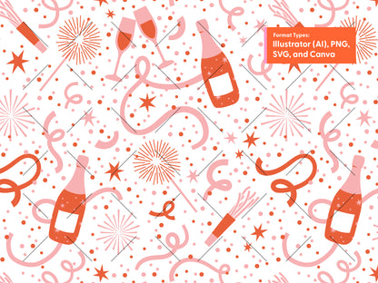 Pink and coral champagne and confetti seamless pattern on white, with bottles, glasses, sparklers, and streamers. Available in AI, PNG, SVG, and Canva formats.
