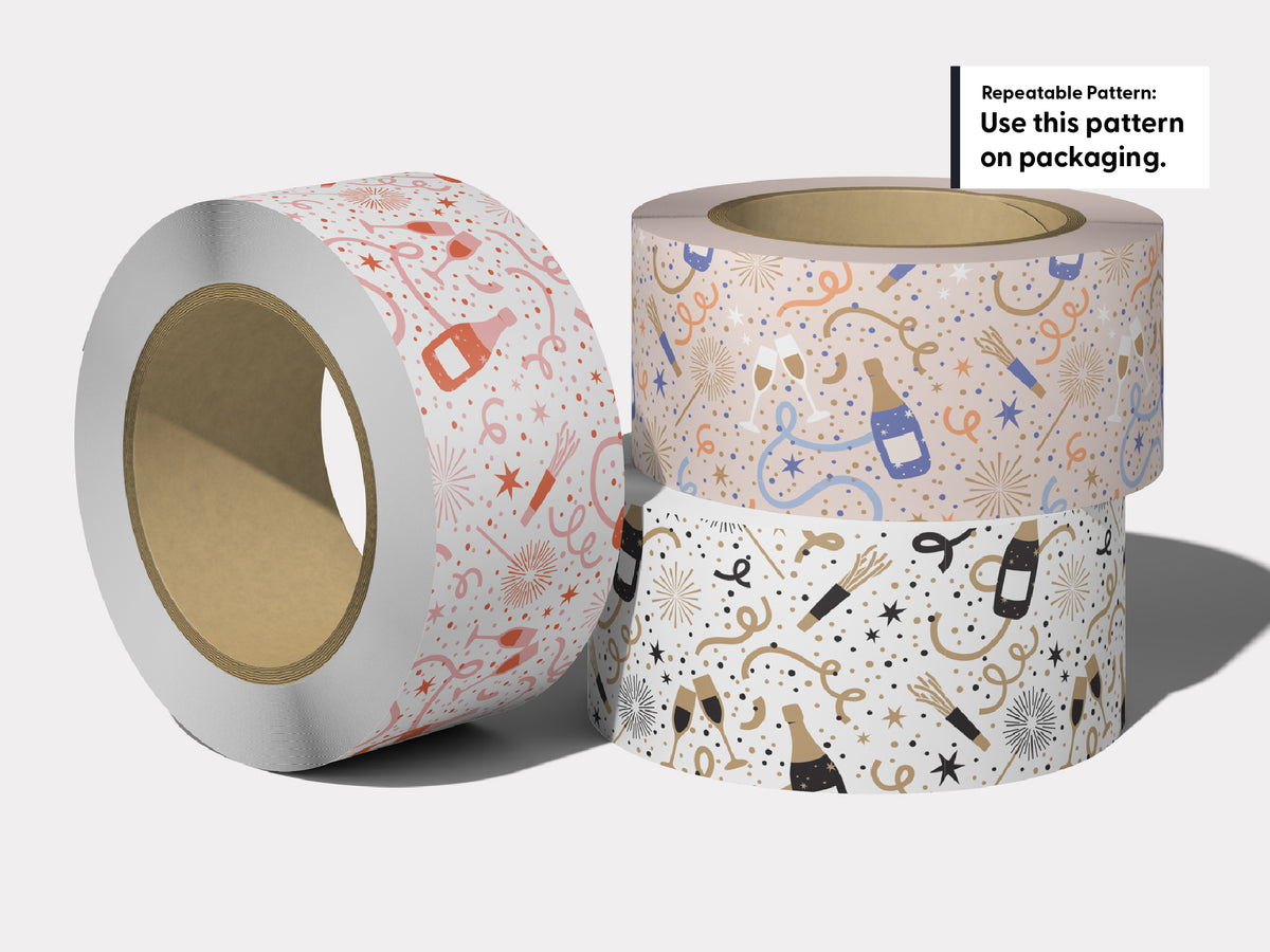 Packaging tape mockup showing a champagne and confetti seamless pattern in three colorways: pink and coral; purple, peach, and gold; and black and gold. Text reads “Use this pattern on packaging.”