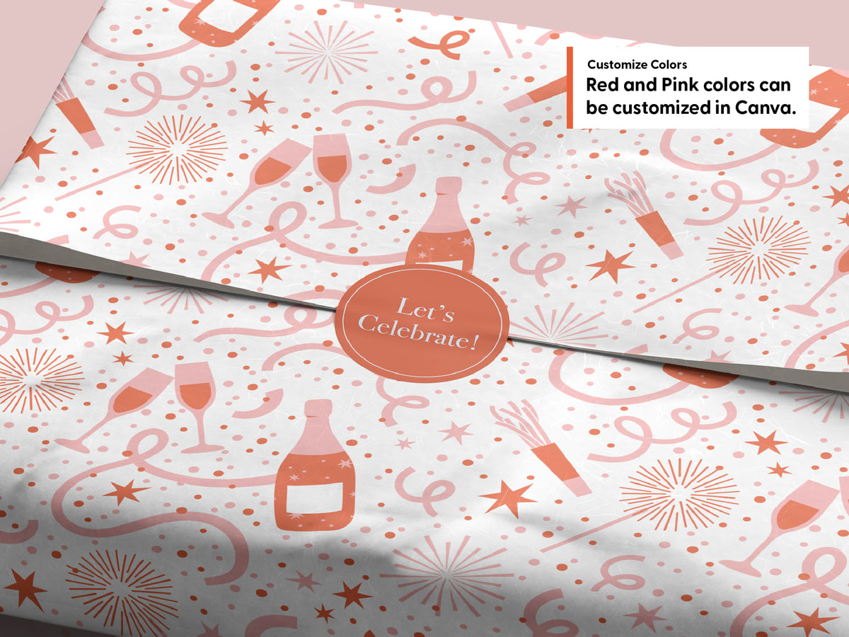 Pink and red champagne and confetti tissue paper mockup with a “Let’s Celebrate!” sticker. Text notes the red and pink colors can be customized in Canva.