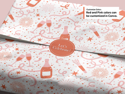 Pink and red champagne and confetti tissue paper mockup with a “Let’s Celebrate!” sticker. Text notes the red and pink colors can be customized in Canva.