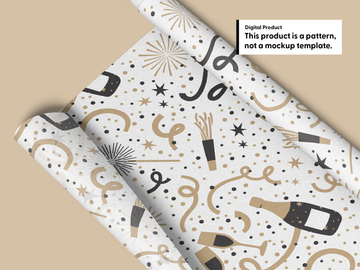 Wrapping paper mockup featuring a black and gold champagne and confetti seamless pattern with bottles, glasses, sparklers, stars, and streamers on white.