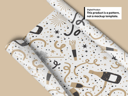 Wrapping paper mockup featuring a black and gold champagne and confetti seamless pattern with bottles, glasses, sparklers, stars, and streamers on white.