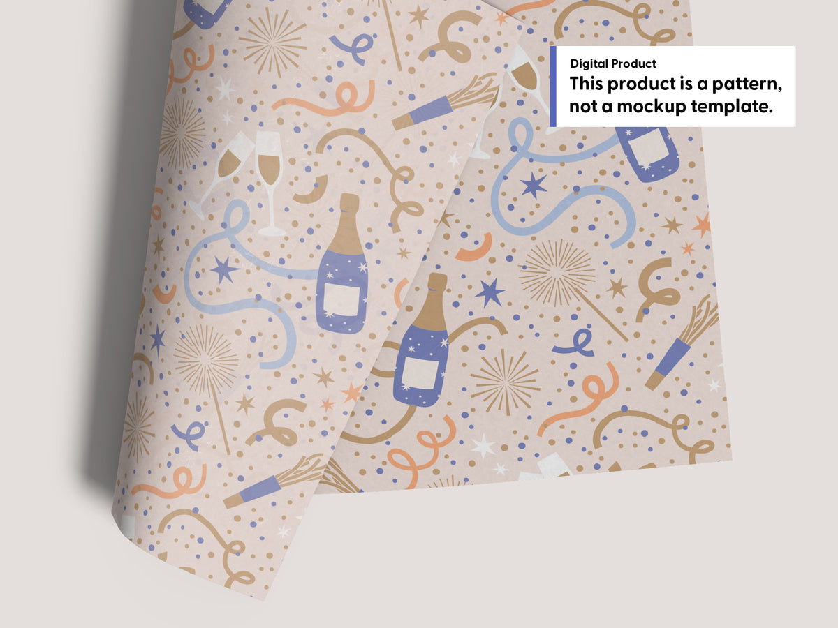 Wrapping paper mockup with a purple, peach, blue, and gold champagne and confetti pattern. Text clarifies this is a digital pattern, not a mockup template.