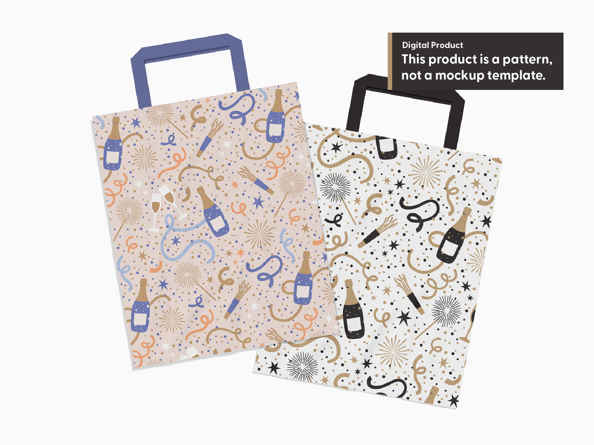 Two gift bag mockups featuring champagne and confetti patterns in purple, peach, and gold, and black and gold. Text clarifies this is a digital pattern, not a mockup template.