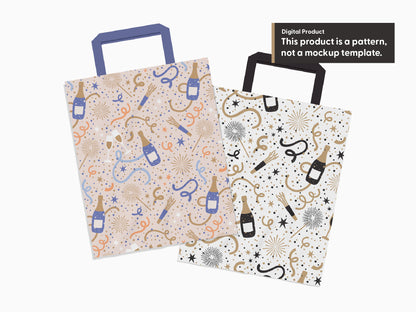 Two gift bag mockups featuring champagne and confetti patterns in purple, peach, and gold, and black and gold. Text clarifies this is a digital pattern, not a mockup template.