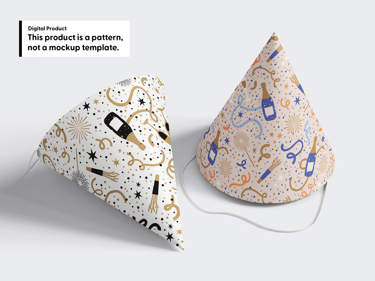 Two party hat mockups featuring champagne and confetti patterns in black and gold, and purple, peach, and gold. Text clarifies this is a digital pattern, not a mockup template.