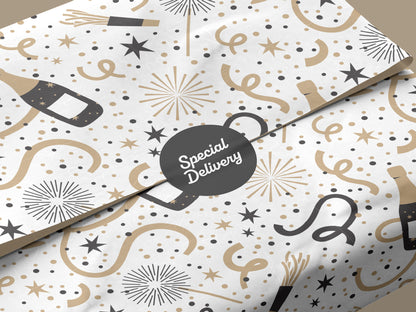 Packaging mockup featuring a black and gold champagne, confetti, and streamer pattern on white tissue paper, sealed with a “Special Delivery” sticker.