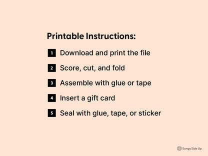 Printable instructions for assembling a cow-themed gift card holder, listed on a peach background. Steps include downloading, printing, cutting, folding, gluing, and sealing the envelope. Ideal for crafters, parents, or teachers looking for a fun, hands-on way to present a gift card. This easy DIY project is delivered as an instant digital file and adds a creative farm animal touch to birthdays or thank-you gifts.