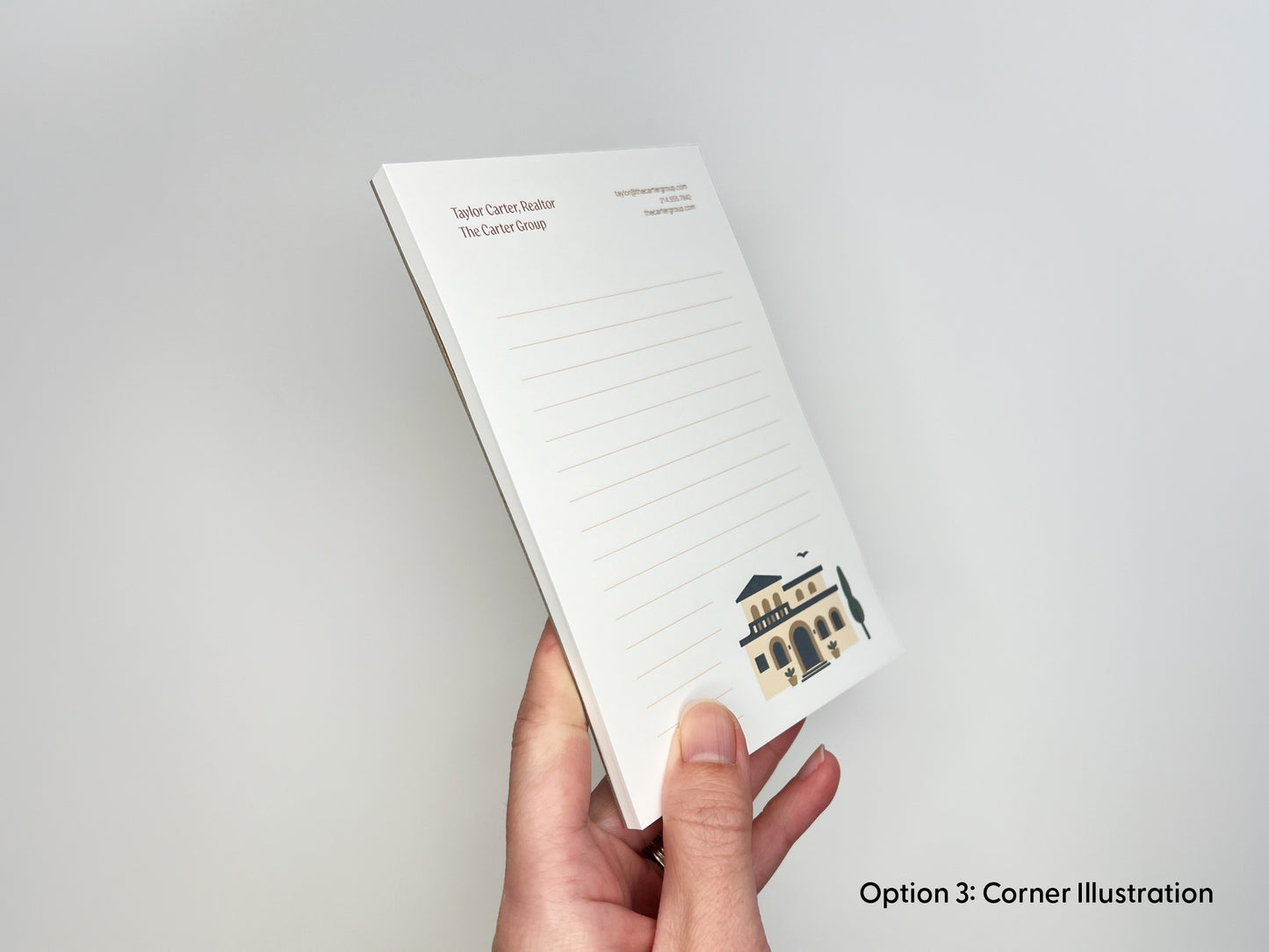 Hand holding personalized 4x6 real estate notepad in corner illustration layout, featuring custom realtor contact branding, lined writing space, and thick paper stack for client gifts and marketing.