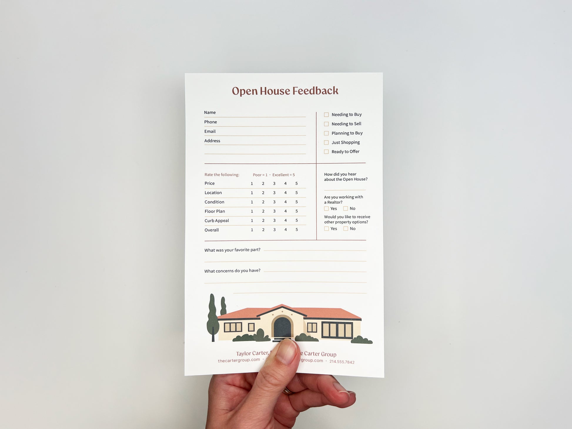 Hand holding a custom 5 × 8 Open House Feedback real estate notepad featuring structured fields for buyer contact information, purchase readiness checkboxes, property rating scales, written feedback sections, and a customizable branded footer with agent details and illustrated home graphic.