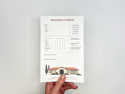Hand holding a custom 5 × 8 Open House Feedback real estate notepad featuring structured fields for buyer contact information, purchase readiness checkboxes, property rating scales, written feedback sections, and a customizable branded footer with agent details and illustrated home graphic.
