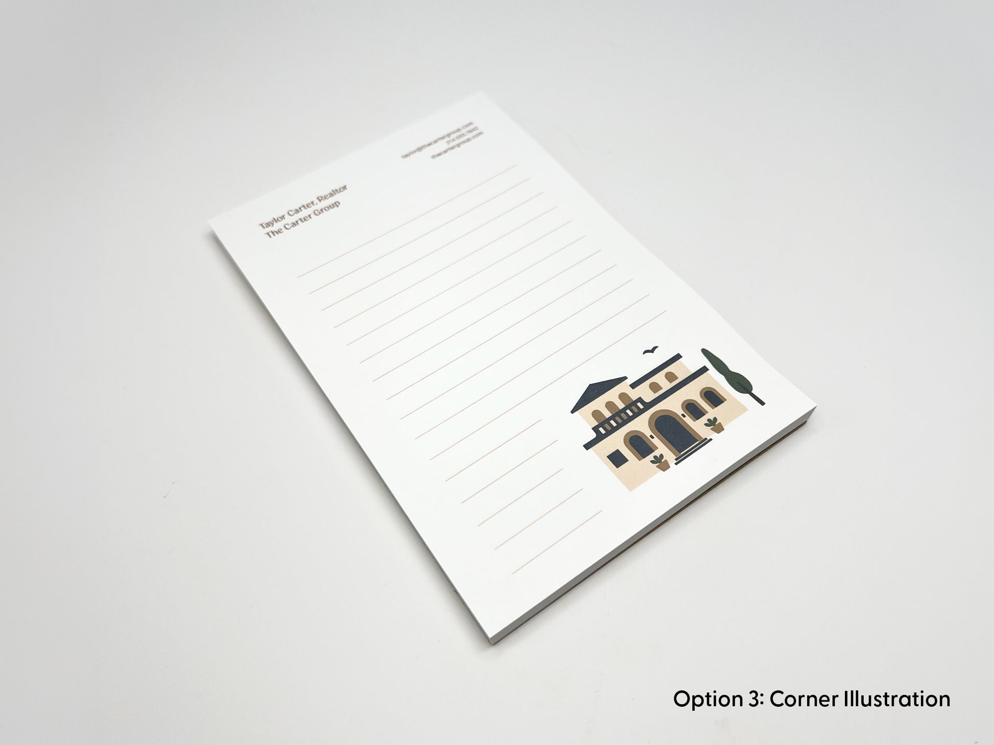 Angled view of personalized 4x6 real estate notepad in corner illustration layout, featuring custom realtor contact branding, lined writing space, and Mediterranean-style home artwork for client gifts and marketing.