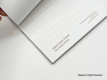 Close-up of personalized 4x6 real estate notepad in split contact layout, showing lined writing space and custom realtor branding with contact details for marketing and closing gifts.
