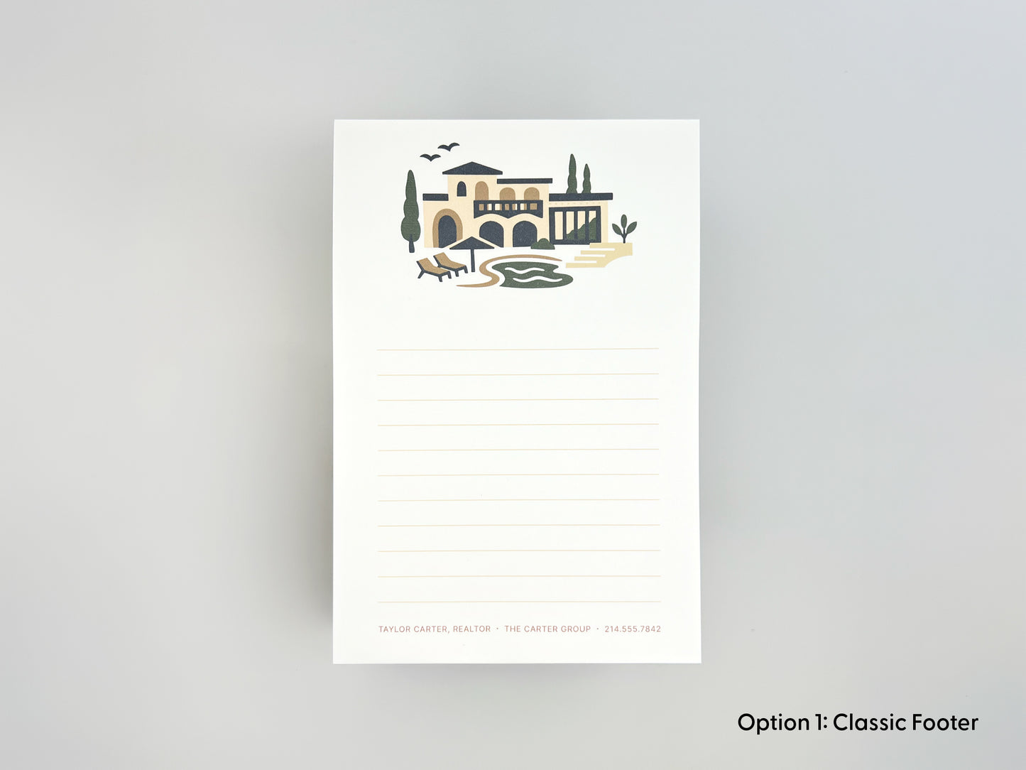 Personalized 4x6 real estate notepad with Mediterranean-style home illustration at top, lined writing space, and custom realtor contact information printed along the bottom.