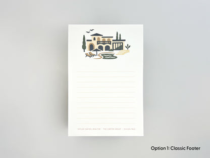 Personalized 4x6 real estate notepad with Mediterranean-style home illustration at top, lined writing space, and custom realtor contact information printed along the bottom.