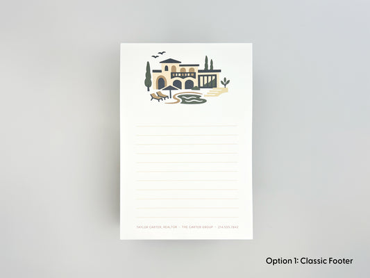 Personalized 4x6 real estate notepad with Mediterranean-style home illustration at top, lined writing space, and custom realtor contact information printed along the bottom.