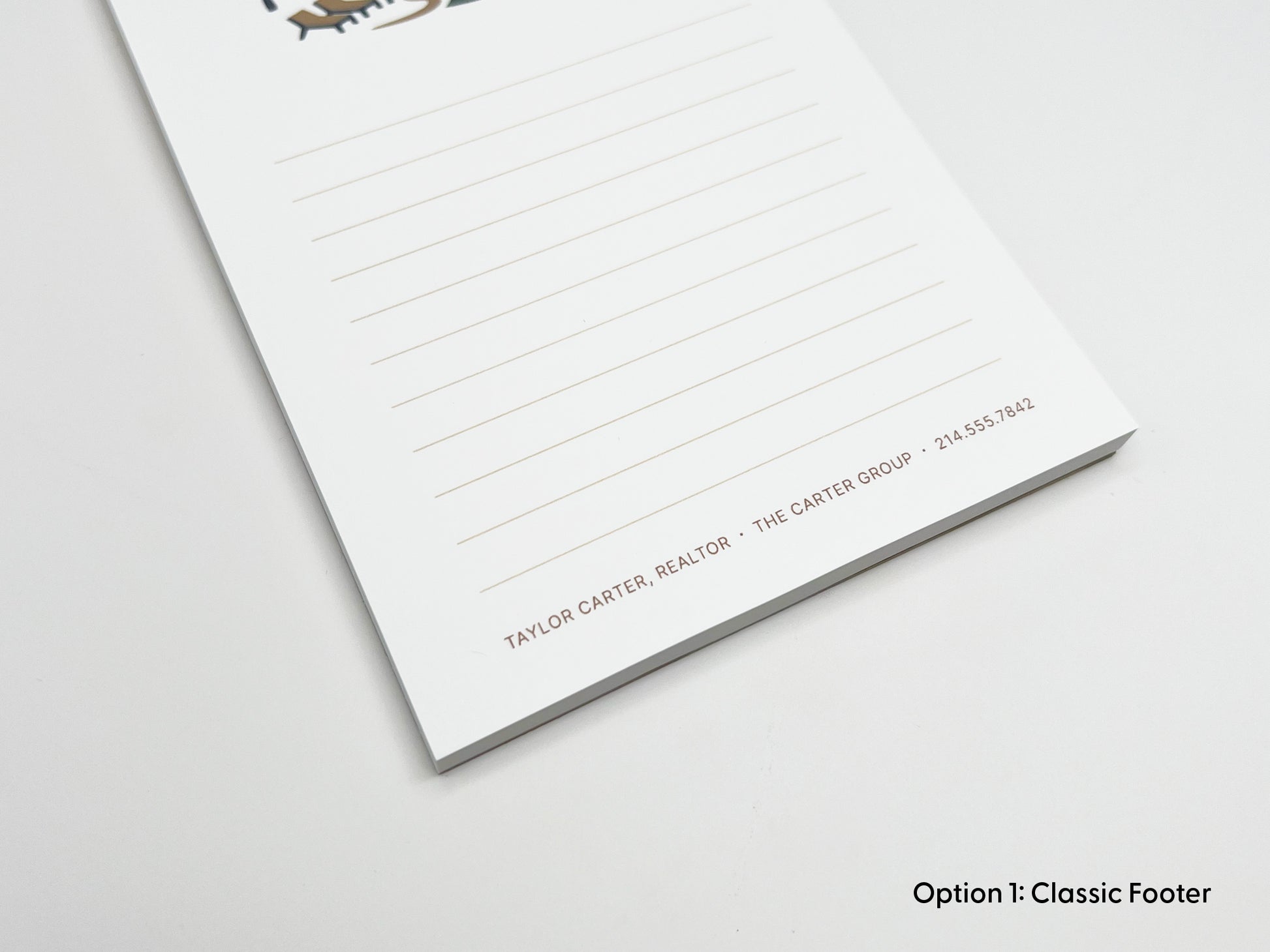 Close-up of personalized 4x6 real estate notepad with lined writing space and custom realtor contact details printed along the bottom, designed for branded client gifts and marketing.