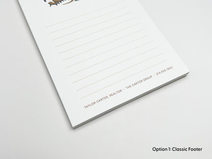 Close-up of personalized 4x6 real estate notepad with lined writing space and custom realtor contact details printed along the bottom, designed for branded client gifts and marketing.