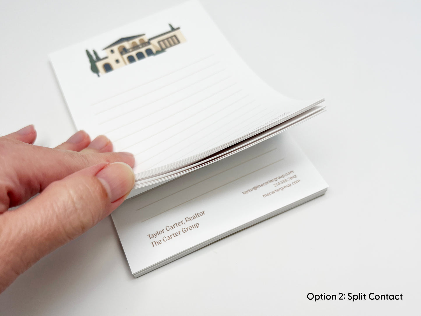 Hand flipping through personalized 4x6 real estate notepad showing thick paper stack, lined writing pages, and custom realtor branding for client gifts and marketing materials.