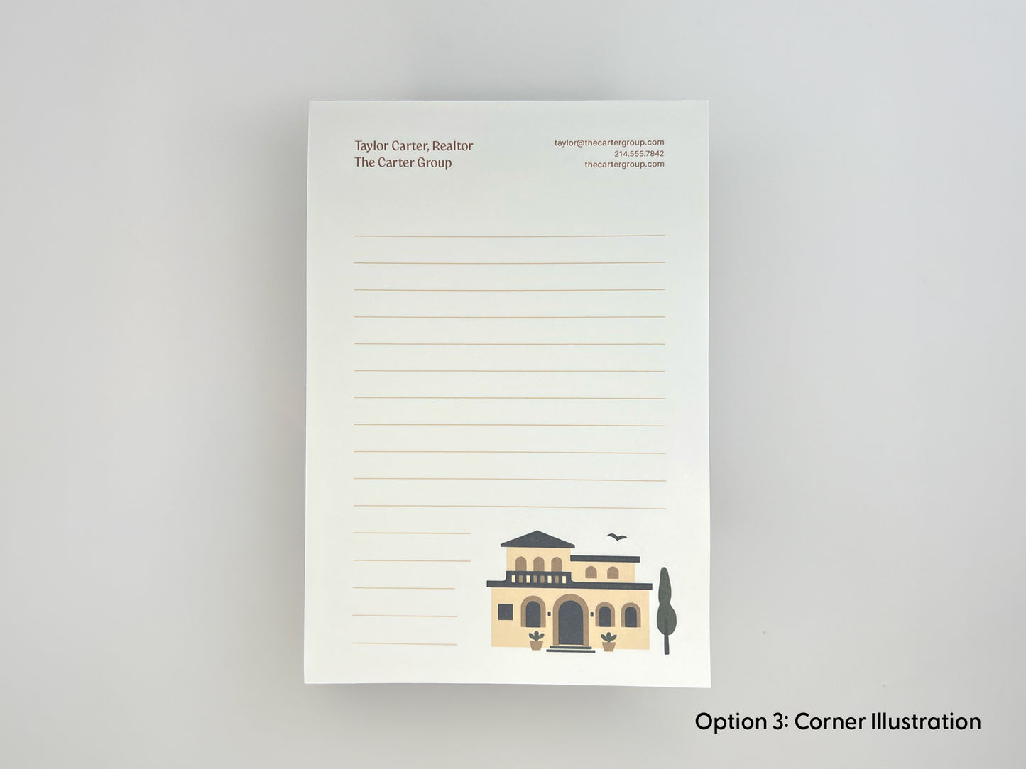 Personalized 4x6 real estate notepad in corner illustration layout, featuring custom realtor contact details at top, lined writing space, and Mediterranean-style home artwork at bottom for client gifts and marketing.