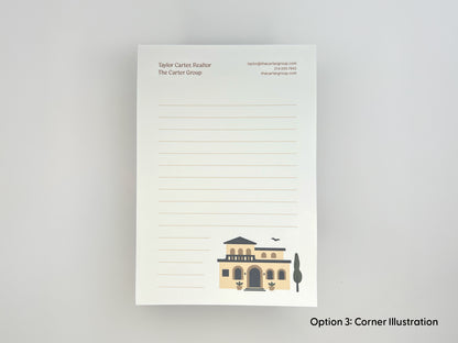 Personalized 4x6 real estate notepad in corner illustration layout, featuring custom realtor contact details at top, lined writing space, and Mediterranean-style home artwork at bottom for client gifts and marketing.