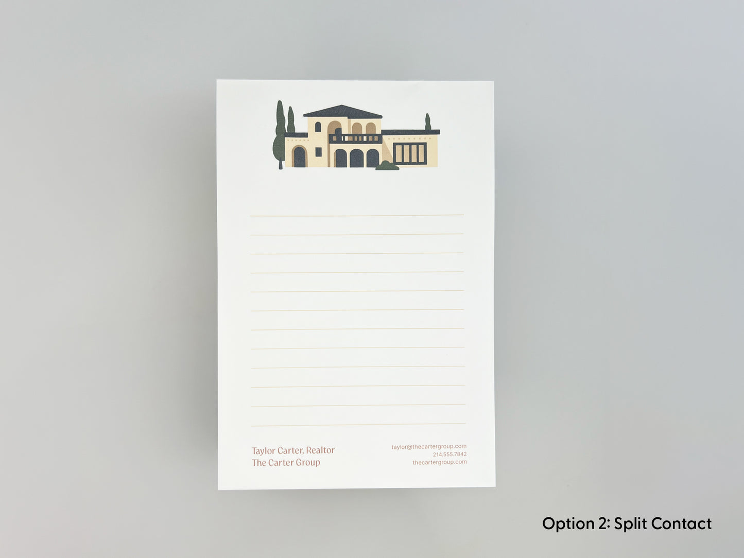 Personalized 4x6 real estate notepad with Mediterranean-style home illustration at top, lined writing space, and custom realtor branding in split contact layout for client gifts and marketing.