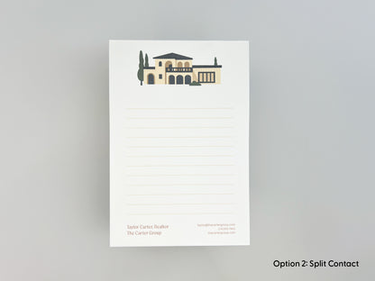 Personalized 4x6 real estate notepad with Mediterranean-style home illustration at top, lined writing space, and custom realtor branding in split contact layout for client gifts and marketing.