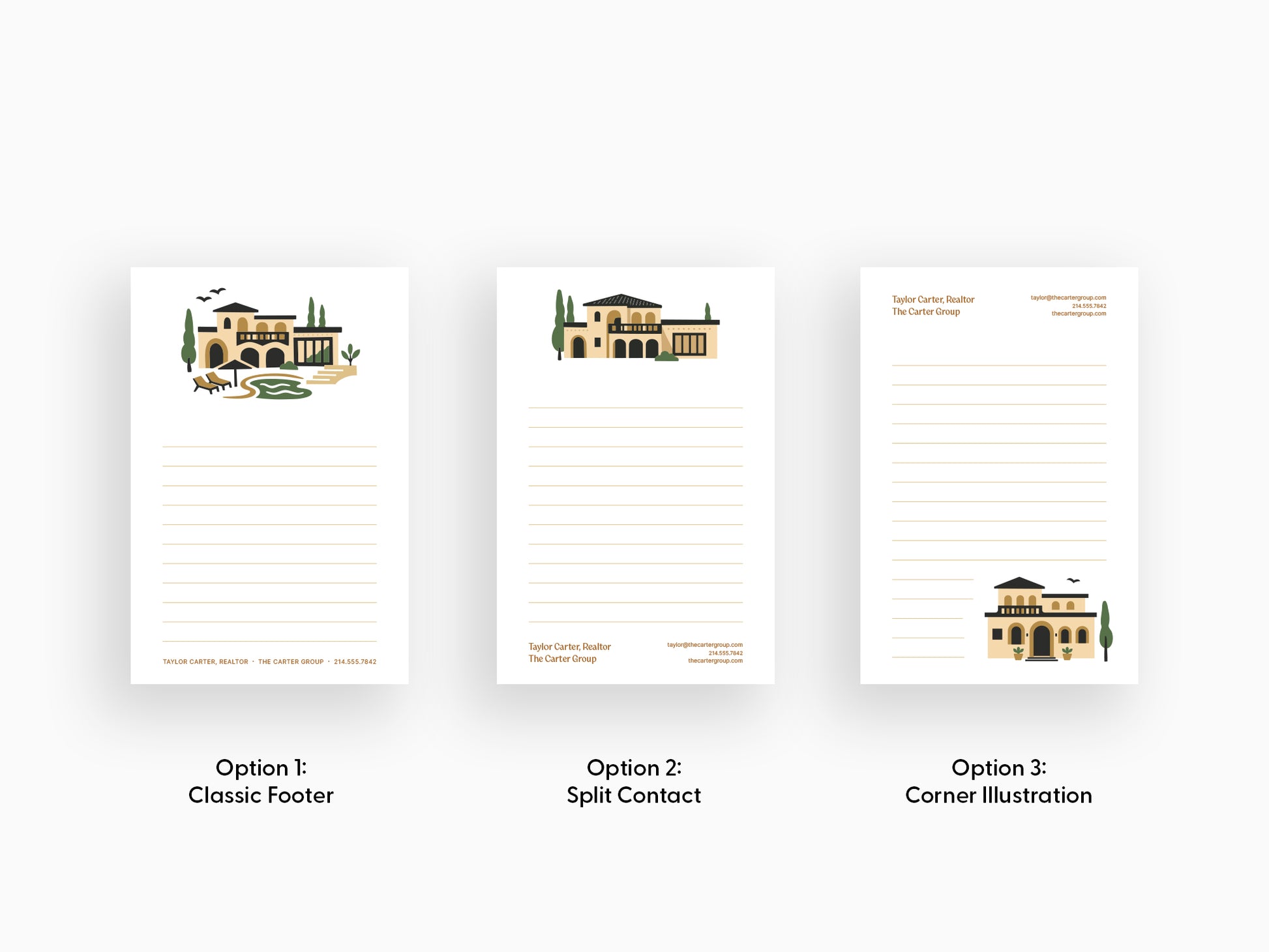 Three personalized real estate notepad layout options in 4x6 size, featuring a Mediterranean-style home illustration with classic footer branding, split contact layout, and corner illustration design for custom realtor stationery.
