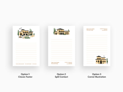 Three personalized real estate notepad layout options in 4x6 size, featuring a Mediterranean-style home illustration with classic footer branding, split contact layout, and corner illustration design for custom realtor stationery.